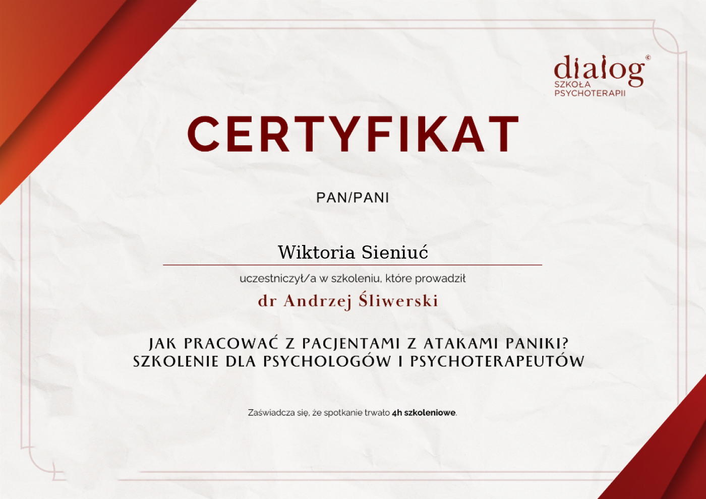 Certyfikat — Wiktoria Sieniuć