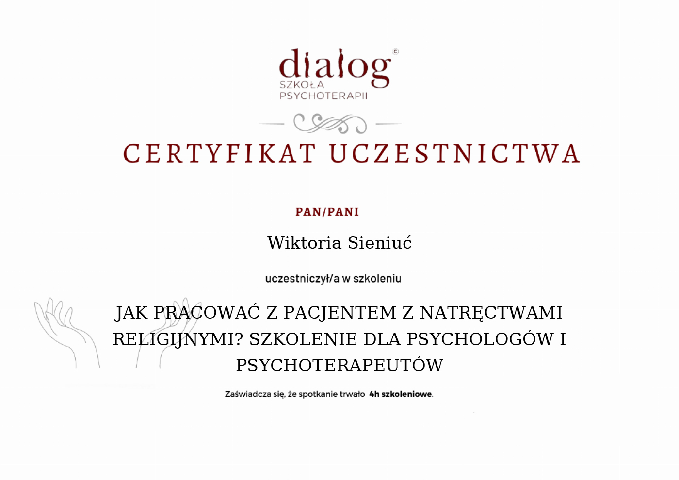 Certyfikat — Wiktoria Sieniuć
