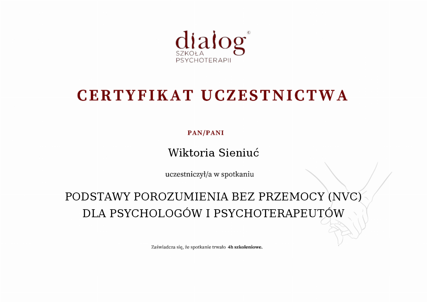 Certyfikat — Wiktoria Sieniuć