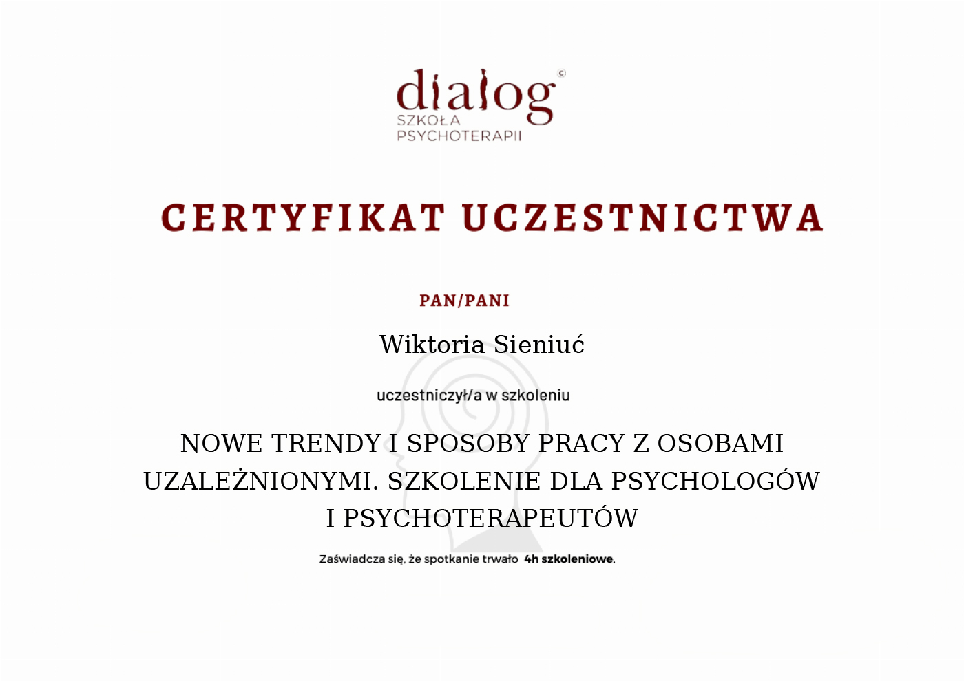 Certyfikat — Wiktoria Sieniuć