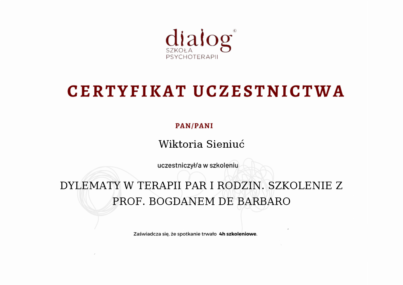 Certyfikat — Wiktoria Sieniuć