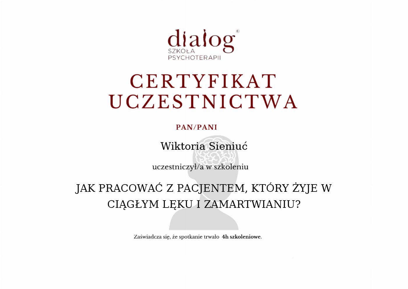 Certyfikat — Wiktoria Sieniuć