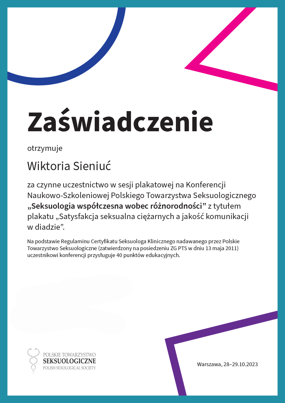Certyfikat — Wiktoria Sieniuć