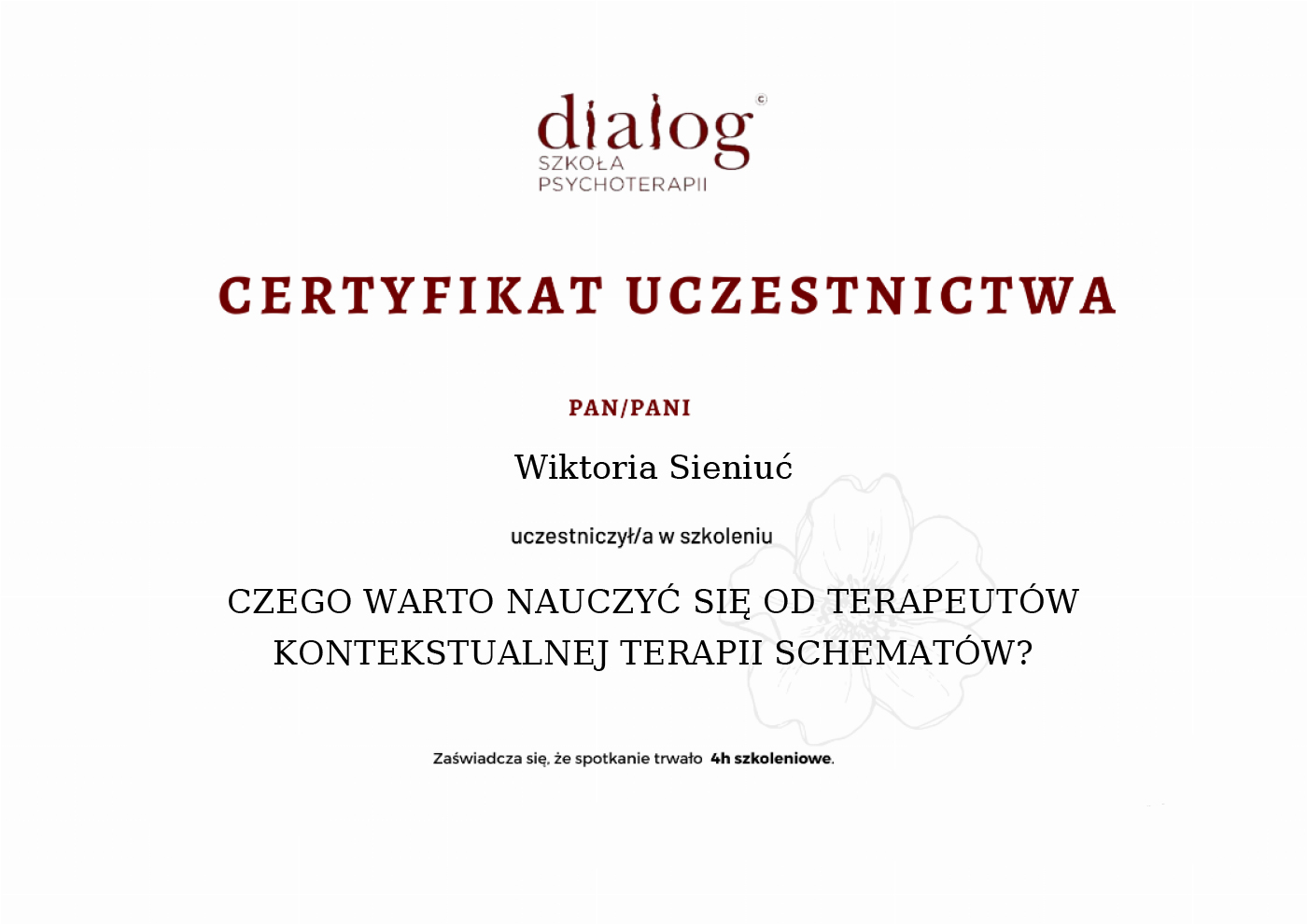 Certyfikat — Wiktoria Sieniuć