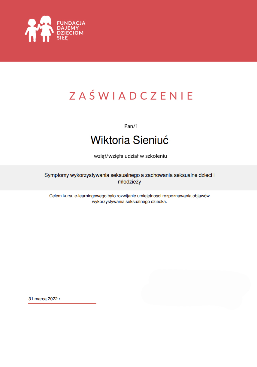 Certyfikat — Wiktoria Sieniuć