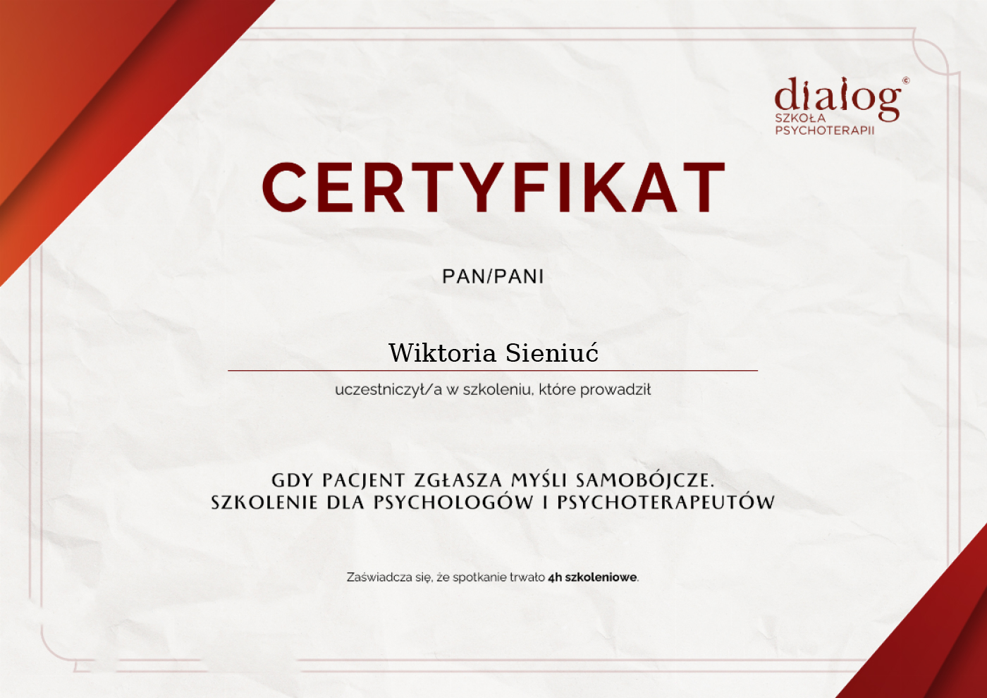Certyfikat — Wiktoria Sieniuć